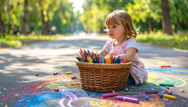A young child sits on a paved path in a park, surrounded by colorful chalk drawings and a basket of crayons