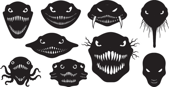 Collection of menacing black monster silhouette heads and creepy creature faces featuring sharp fangs, jagged teeth, and aggressive expressions isolated on a white background.