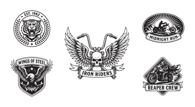 Motorcycle badges collection, vintage chopper designs, eagle wings, skull, and custom bike elements.