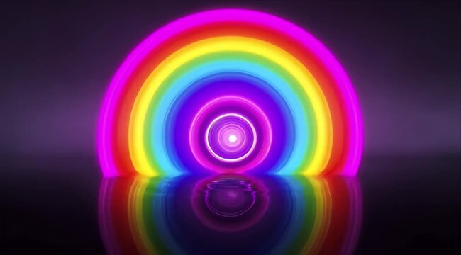 Pride month neon rainbow glowing circle abstract background colorful light vibrant spectrum radial arc tunnel effect futuristic pattern digital art reflection surface dark gradient vivid color