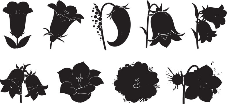 Collection of black bellflower silhouette illustrations featuring various Campanula blossoms, floral stems, and botanical garden plant shapes isolated on a plain white background.
