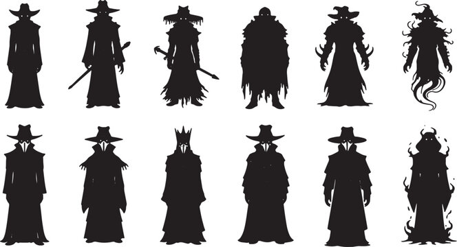 Collection of twelve dark fantasy character silhouettes including plague doctors, sorcerers, and hooded figures with glowing eyes, tattered robes, and mysterious staves on white background.