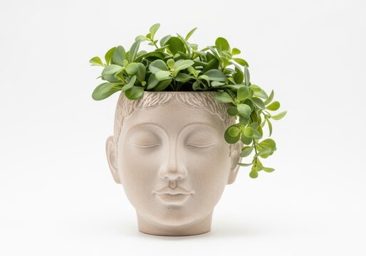 Planters head with green plant on top, creative decoration