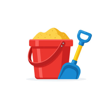 Red Bucket Filled with Sand and Blue Shovel.