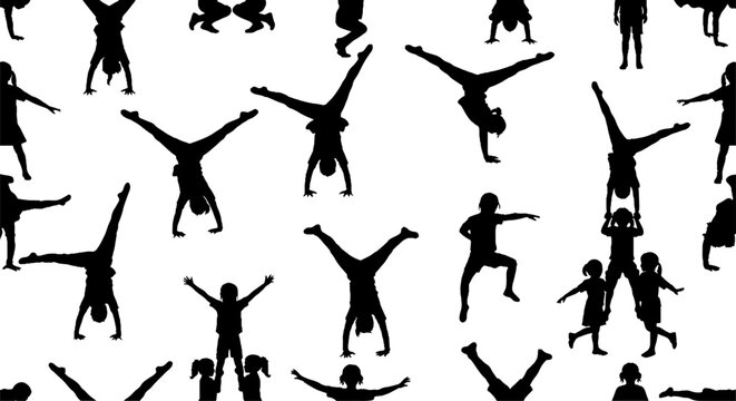Silhouette figures performing various acrobatic and joyful poses.