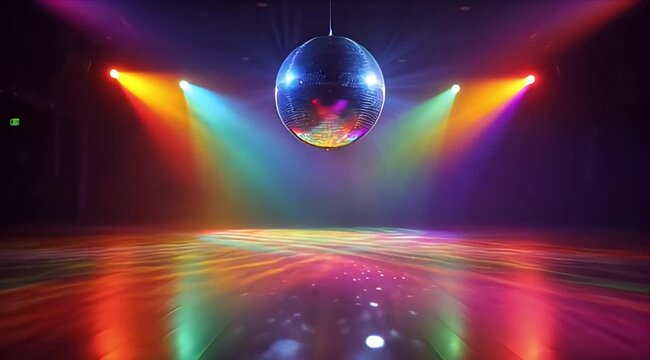Pride month Colorful light disco ball dance floor nightclub rainbow beam party reflection sparkle mirror surface stage vibrant interior atmosphere with rainbow light beams and moody ambiance