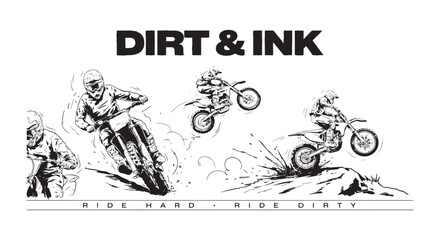 Motocross racing vector illustration set featuring riders jumping and cornering with text ride hard ride dirty. © Monoara