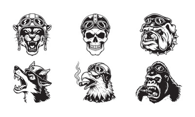 Collection of pilot themed animal heads wearing retro goggles including skull panther bulldog eagle and gorilla. © Monoara