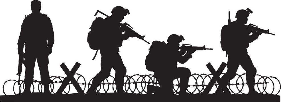 Black silhouette illustration of a group of four military soldiers in tactical gear with rifles and backpacks patrolling near concertina wire and tank traps on a white background.