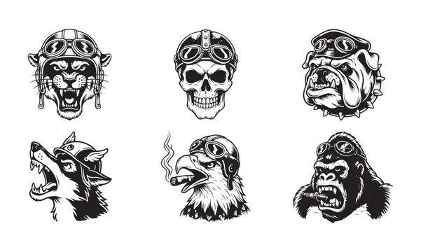 Collection of pilot themed animal heads wearing retro goggles including skull panther bulldog eagle and gorilla.