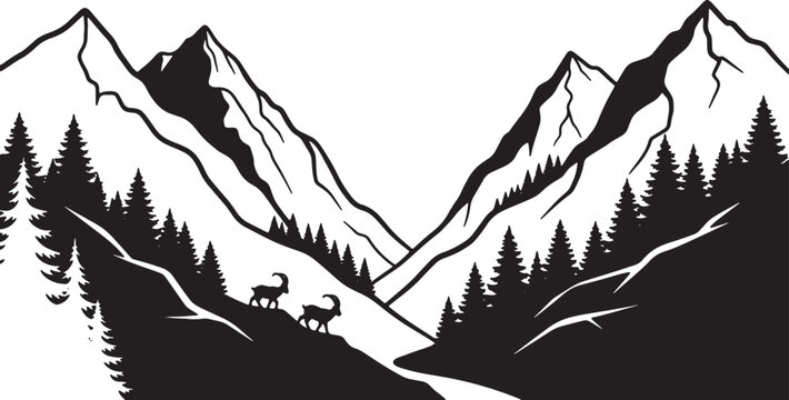 Black and white silhouette illustration of a rugged mountain range with jagged peaks, deep valleys, a dense coniferous pine forest, and two wild ibex goats on a steep rocky hillside.