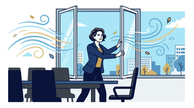 Businesswoman opening office window to let fresh air and wind circulate in conference room vector illustration. EPS Editable