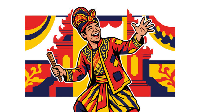 Colorful vector illustration of a happy man performing traditional Balinese dance in front of a temple gate. EPS Editable