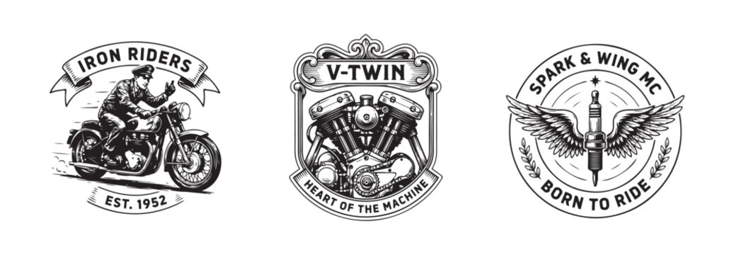Motorcycle V-twin engine emblem badge vintage biker design for apparel and t-shirt prints.