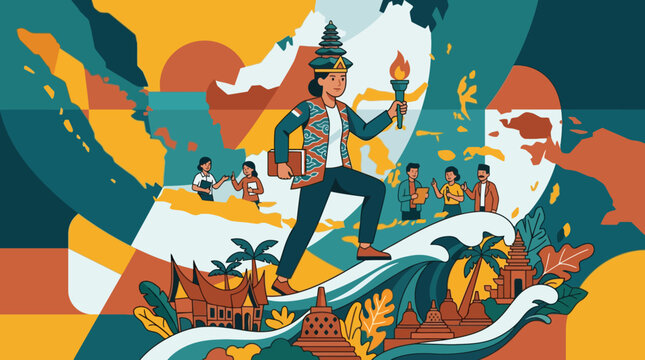 Colorful vector illustration of a person holding a torch walking across the Indonesian archipelago map. EPS Editable