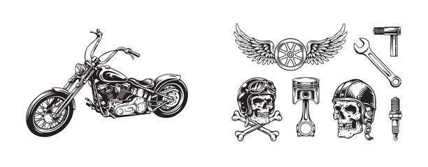 Biker graphics collection with chopper motorcycle wheel with wings skull helmet engine piston and wrench elements. © Monoara