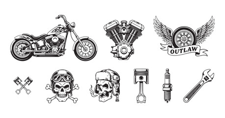 Biker elements set featuring chopper motorcycle motor engine and skull vintage graphics for custom apparel design. © Monoara