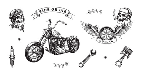 Motorcycle chopper and biker gear collection with skull ride or die text engine and tools for tattoo art print. © Monoara