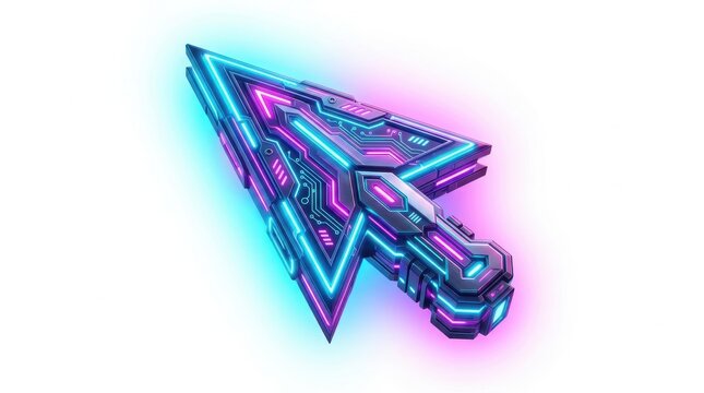Cyberpunk arrow cursor icon with neon glowing circuitry design sci fi cyberpunk technology interface futuristic abstract computer electronic navigation isolated