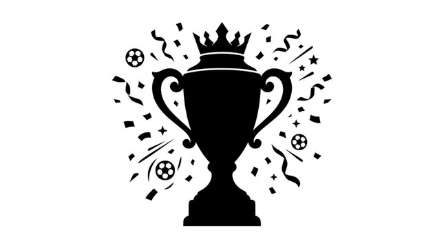Black trophy cup icon with confetti and stars on for winner success