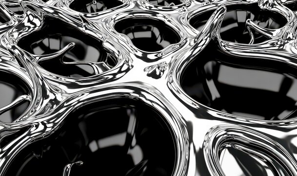 Abstract liquid chrome metal background with glossy black organic cells in 3D rendering