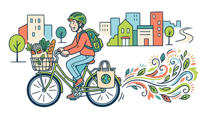 Naklejka premium Eco friendly man riding bicycle with groceries in city hand drawn illustration. EPS Editable