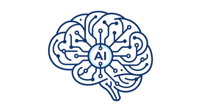 Modern AI brain technology icon with circuit pattern on a white background