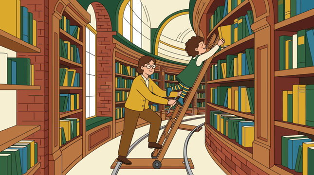 Illustration of a father helping his child reach a book on a high shelf in a library. EPS Editable