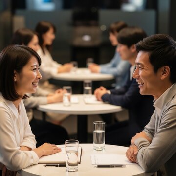 お見合いパーティーに参加してテーブルで話す若い男女