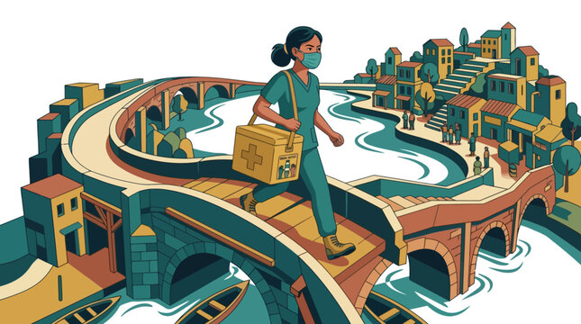 Illustration of a female healthcare worker in scrubs and mask carrying a medical box across a village bridge. EPS Editable