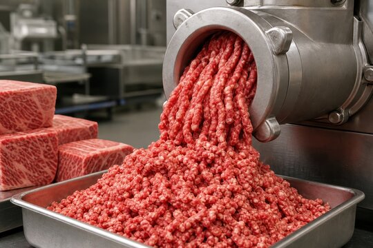 Raw beef mincing through professional stainless steel grinder in commercial kitchen, close-up shot of high-quality marbled wagyu meat processing, butcher shop concept