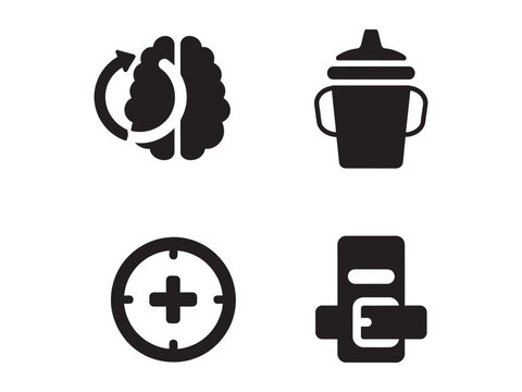 Four black and white icons of brain arrow circle plus and baby bottle with pacifier