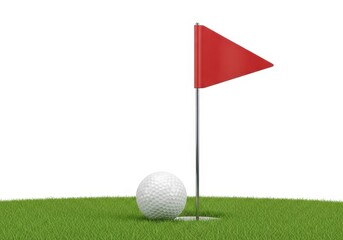 Obraz premium Golf ball next to red flag on putting green in sunlight