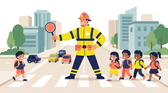 Firefighter helping school children cross the street safely on a crosswalk vector illustration. EPS Editable