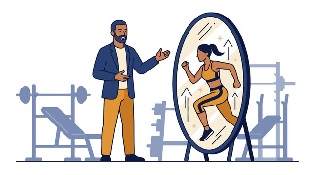 Flat vector illustration of a life coach helping a client visualize fitness goals and personal transformation. EPS Editable