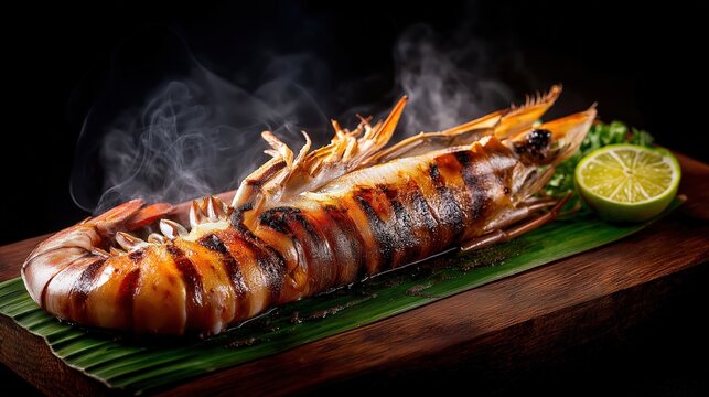 Steaming Grilled Giant Freshwater Prawn Udang Galah with Lime on Banana Leaf