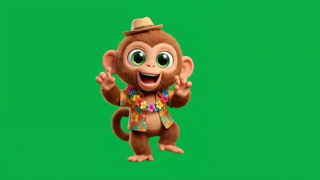 Cute cartoon monkey character dancing in straw hat and floral shirt on green screen background