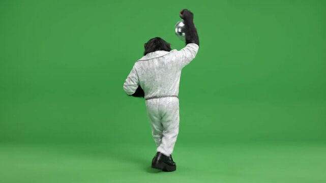 Funny chimpanzee in white disco suit dancing with mirror ball on green screen background