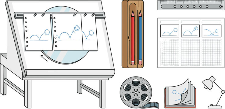 Traditional 2D Animation Studio Equipment Vector Set Featuring Lightbox Desk, Storyboard Sheet, Peg Bar Rule, Flipbook, Pencils, and Film Reel Icons