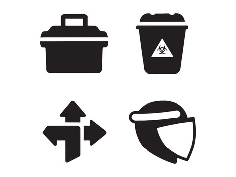 Black icons of medical biohazard waste container and arrows on white background