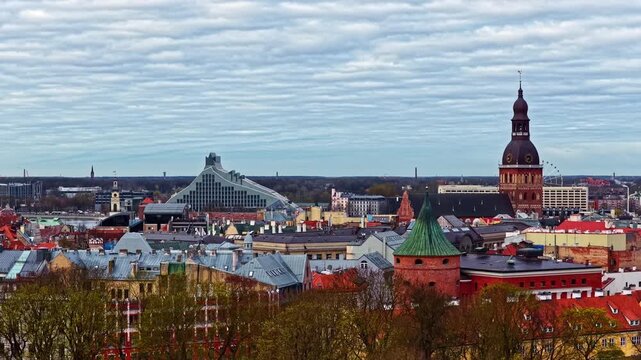 Drone view of Riga's historic city center with a mix of modern and old architecture.