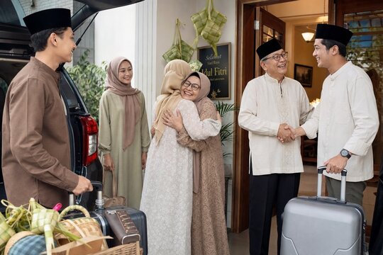 Modern editorial image of eid al-fitr family reunion and mudik travel in indonesia with a polished studio-and-lifestyle blend