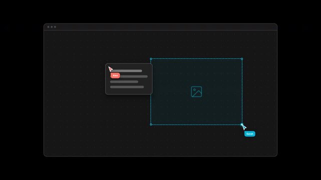 Minimalist digital interface animation with interactive cursors engaged in remote collaboration on a dark grid for user experience design projects