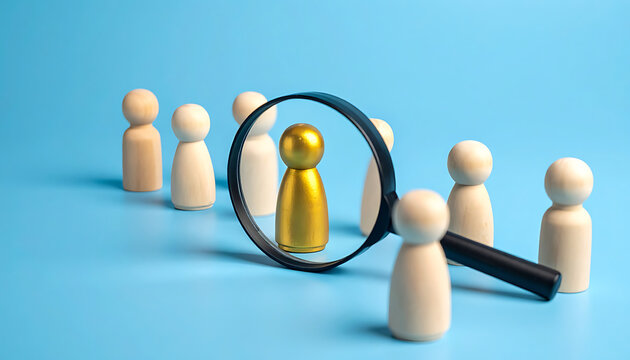 Golden pawn figure highlighted under magnifying glass, selection process, unique candidate, talent search, differentiation