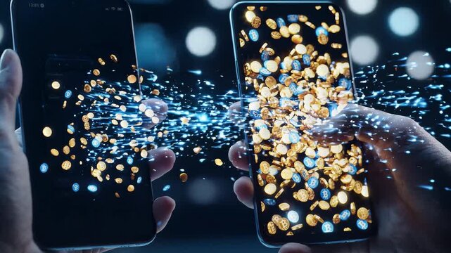 Digital Cryptocurrency Transfer Between Smartphones with Glowing Gold Coins.
