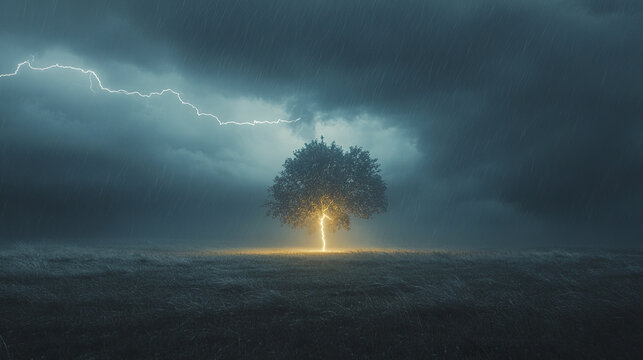 Powerful lightning bolt striking lone tree in dark stormy field with heavy rain and dramatic clouds, creating glowing and intense natural scene