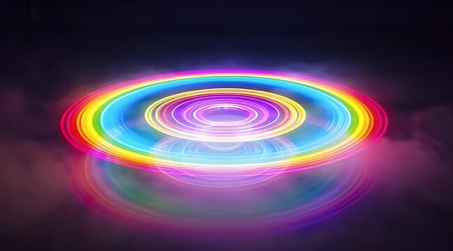 Pride month neon circle rainbow light glowing ring abstract background colorful halo futuristic design digital art vaporwave vibrant color reflection mystical neon circle with rainbow light glowing