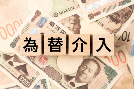 「為替介入」と書かれたブロックとたくさんの一万円札