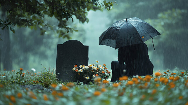 Quiet moment in rain with figure kneeling at gravestone surrounded by flowers and holding black umbrella, evoking somber and reflective mood