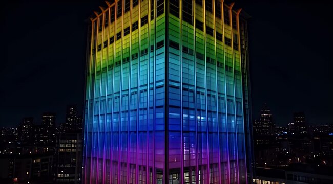 Pride month Modern architecture illuminated facade colorful light night city skyscraper rainbow building glass tower urban skyline neon glow vibrant exterior gradient color urban landmark pride